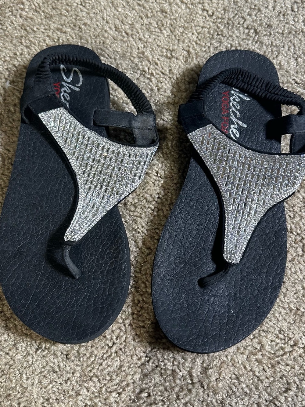 Skechers Black Sandals with Silver Sparkle T-Strap
